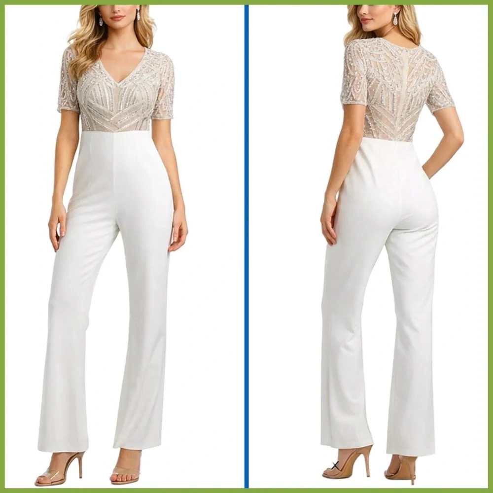 Aidan Mattox Ivory White Sequin Embellished Jumpsuit